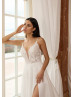 Beaded Ivory Lace Tulle Low Open Back Slit Wedding Dress
